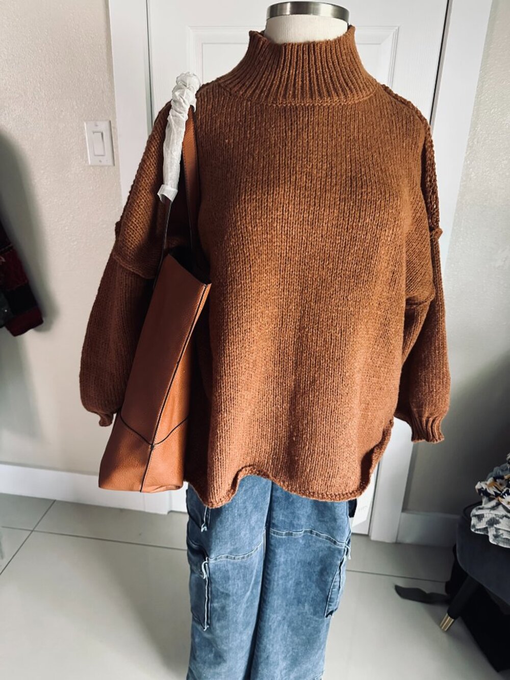 Saodimallsu Brown Oversized Mock Neck Chunky Knit Sweater Small NWT